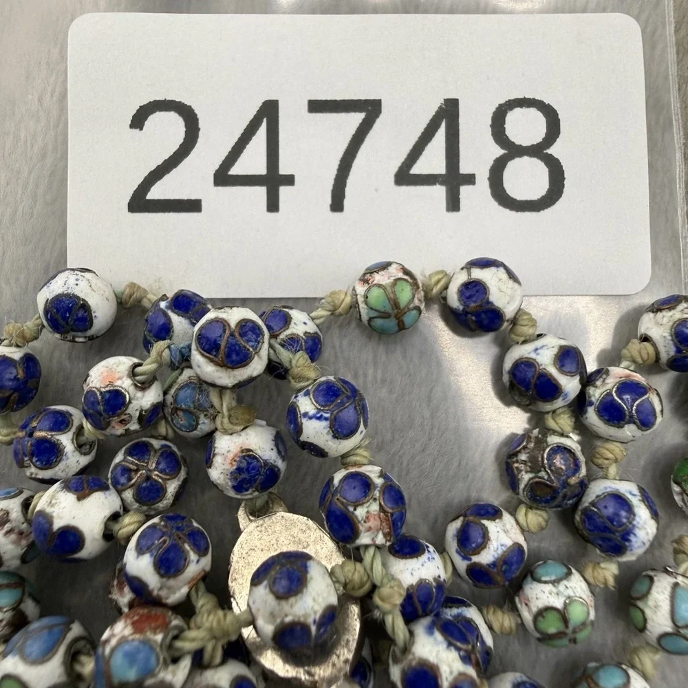 Vintage Necklace‎ Glass  Beaded Inlay Blue White  23